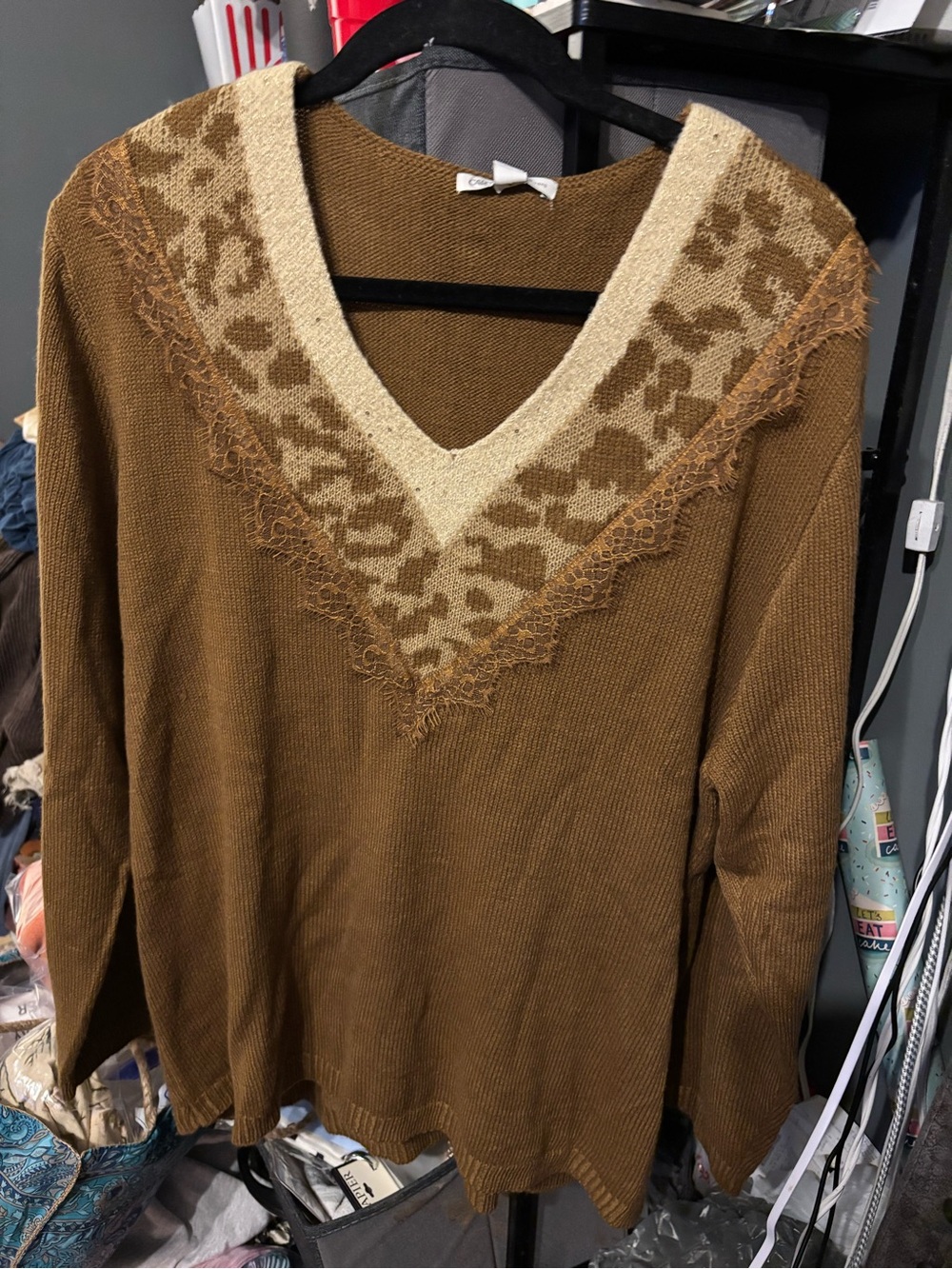 Cato Brown V-Neck Sweater with Cream Leopard Trim 18/20